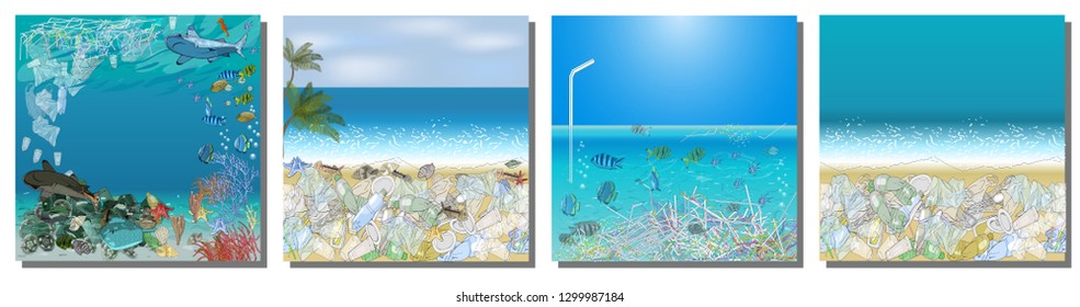 The refusal of disposable plastic straws. The problems with chemical wastes disposal. Stop plastic pollution on sea, vector hand drawn collection..The concept of ecology and the World Cleanup Day