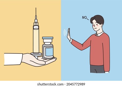 Refusal from drugs and narcotic concept. Young male standing saying no making refusal sigh from syringe and jar with narcotic or medical treatment vector illustration 