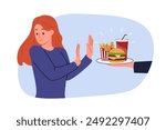 Refusal from fast food is demonstrated by woman who wants to go on diet and reduce amount of calories consumed. Girl turns away from tray with fast food in hands of interlocutor, demonstrating disgust