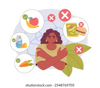 Rechazo a la comida rápida. La mujer rechaza la comida chatarra y come productos naturales y orgánicos. Fitness y deporte. Estilo de vida activo y saludable. Ilustración vectorial plana aislada sobre fondo blanco