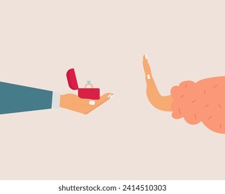 Refusal of gift. Rejecting marriage proposal. Man holding in hand gift box with ribbon and red rose. Woman gesture rejects the proposal. Vector illustration flat design. Isolated on white background.