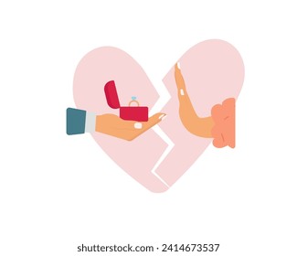 Refusal of gift. Rejecting marriage proposal. Man holding in hand gift box with ribbon and red rose. Woman gesture rejects the proposal. Vector illustration flat design. Isolated on white background.