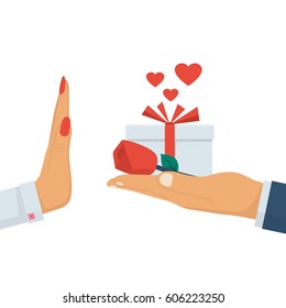 Refusal of gift. Rejecting marriage proposal. Man holding in hand gift box with ribbon and red rose. Woman gesture rejects the proposal. Vector illustration flat design. Isolated on white background.