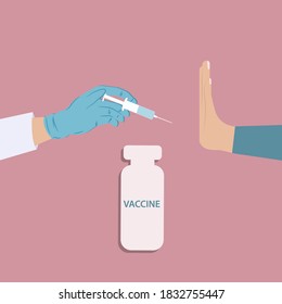Refusal from the injection procedure - doctor's hand with a syringe - vector. Protection against viral infection. Medical vaccination.