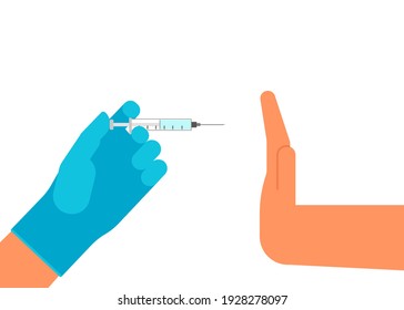 Refusal of medical vaccination. Hand hold syringe with vaccine and hand answer against. Anti-vaccination protest. Stop medical injection and refuse vaccine medication. Vector illustration
