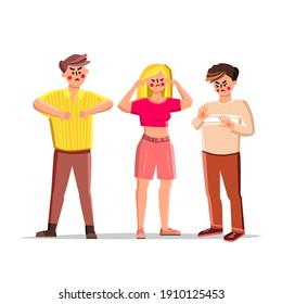 Refusal People Showing Negative Gesture Vector. Young Man Refuse, Boy Gesturing Dislike Refusal Signs And Woman With Fingers In Ears Unlistening. Characters Expression Flat Cartoon Illustration