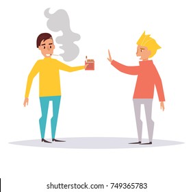 Refusal of smoking. One man offers another man cigarette to smoke. Vector. Cartoon. Isolated art on white background. Flat