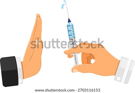Refusal stop vaccination, injection, narcotic concept. doctor holds syringe with vaccine or narcotic in hand. flat style icon. isolated vector illustration