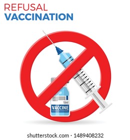 Refusal vaccination concept with sign stop icon plastic medical syringe and vial vaccine in flat style, concept stop vaccination, injection. isolated vector illustration