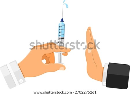 Refusal vaccination concept with sign stop, syringe and vial vaccine in flat style icon, concept stop vaccination, injection. doctor holds syringe with vaccine in hand. isolated vector illustration