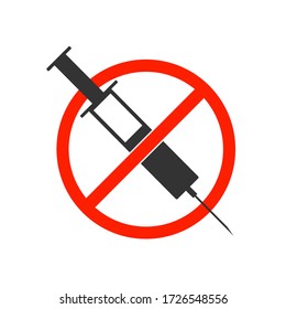 Refusal of vaccination, drugs, narcotic concept with stop sign icon plastic medical syringe in flat style, concept of stopping vaccination, injection, narcotic. isolated vector illustration