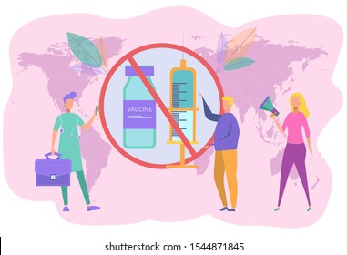 Refusal of vaccination, people refusing preventive medicine. Compulsory immunization, the concept of indecision vaccination. Colorful vector illustration