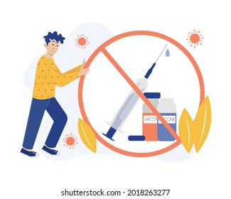 Refusal of vaccination vector concept illustration. Man moves refusal symbol. Healthcare metaphor. Flat illustration in cartoon style.