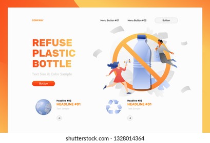 Refuse plastic bottle web page template. Modern vector styled image with plastic bottle in red stop circle surrounded by tiny activists.