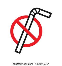 Refuse the plastic straw. No sign, red warning. Save the earth and good environment concept. Simple design, stroke outline style. Line vector. Isolate on white background.