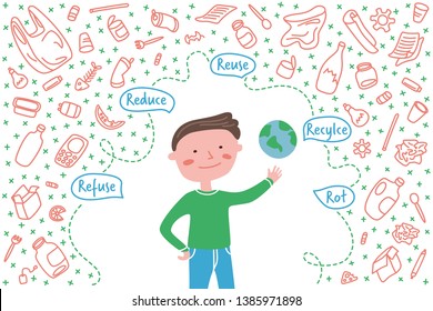 Refuse Reduce Reuse Recycle Rot text. Boy shows on the planet earth. Young man is surrounded by plastic trash. Concept recycling and reasonable waste. Vector illustration in cartoon, doodle style