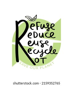 Refuse, reduce, reuse, recycle, rot slogan text. Ecology, environmental protection, save the planet earth concept. Vector illustration design for graphics, prints, posters, stickers.