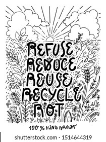 Refuse, reduse, reuse, recycle,rot. zero waste slogan with dodle nature details, clouds, branches, leaves.letterpress style. for t-shirt, eco bag, poster, social media and other. 