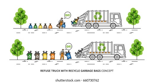 Refuse truck with recycle garbage bags vector illustration. Dustman takes out rubbish bins and bags to garbage truck line art concept. Refuse collector removes garbage graphic design.