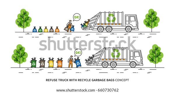 Refuse truck\
with recycle garbage bags vector illustration. Dustman takes out\
rubbish bins and bags to garbage truck line art concept. Refuse\
collector removes garbage graphic\
design.