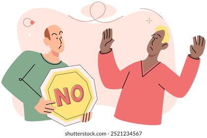 Refuse vector illustration. The refuse concept explores intricacies saying no and setting boundaries in interpersonal relationships Serious situations often require open and honest communication