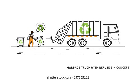 Refuse vehicle with dustbins vector illustration. Garbage truck with dustman and recycle sign graphic design.
