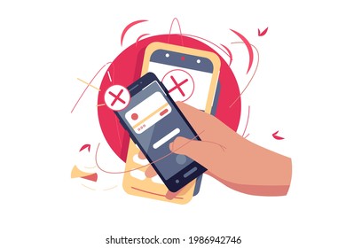 Refused contactless payment via smartphone vector illustration. Mobile phone screen with cancelled operation flat style. Cancellation purchase, payment problem concept. Isolated on white background