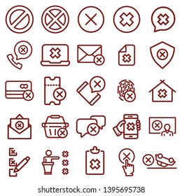 refused, forbidden, impossible, ban, stop, close, error, deny and disabled - minimal thin line web icon set. simple vector illustration. concept for infographic website or app.