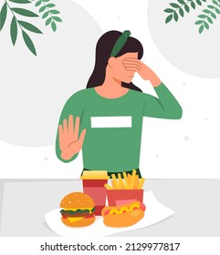 Refuses junk food concept. Young woman on diet closes her eyes and shows stop sign in front of burger, hot dog and French fries. Healthy lifestyle and good nutrition. Cartoon flat vector illustration