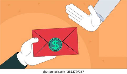 Refusing bribe payment flat illustration. Ethical conduct. Anti-bribery. Corruption prevention. Hand rejects envelope containing money 2D characters cartoon background. Colorful scene vector art image