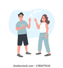Refusing cigarette male flat color vector detailed character. Man reject smoke from woman. Stop tobacco addiction isolated cartoon illustration for web graphic design and animation