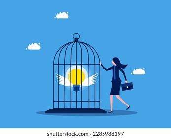 Refusing to disclose knowledge or business secrets. Businesswoman locks a light bulb in a cage. business concept vector