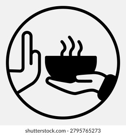 Refusing food hand gesture solid icon, soup concept. Vector graphics. Ceramic plate with hot lunch and hands sign with glyph style for mobile or web design