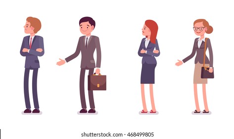 Refusing a handshake. Men and women are in a formal wear. The set of characters isolated against the white background. Cartoon vector flat-style business illustration