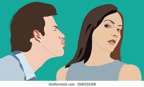 Refusing a kiss from a man. Awkward and embarrassing moments in vector illustration