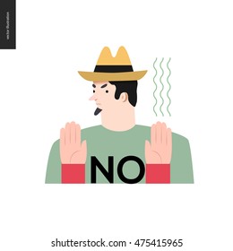 Refusing man. Flat vector cartoon illustration of a man wearing a yellow hat, t-shirt with a sign NO and beard, refusing of something, showing two palms,