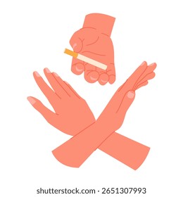 Recusar a oferta de fumar, parar de fumar, proibir o mau hábito com riscos para a saúde. Fumantes dão a mão de cigarro, rejeição séria de pessoa fazendo o gesto cruzado da ilustração do vetor do desenho animado da proibição