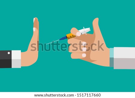 Refusing vaccine concept. Doctor hand offers gives medicines, but the patient refuses. Vector Illustration EPS10