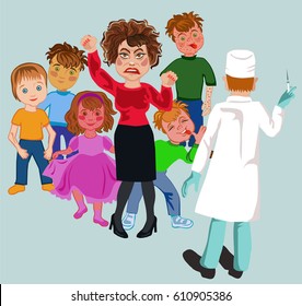 Refusing vaccine concept. Doctor holding syringe in hand offers gives medicines. Rejection gesture around are having fun with diseases from which a high mortality rate in children