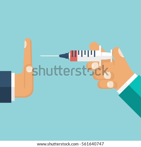 Refusing vaccine concept. Doctor holding syringe in hand offers gives medicines. Rejection gesture. For healthy lifestyle. Vector illustration flat design. Isolated on background. Alternative medicine