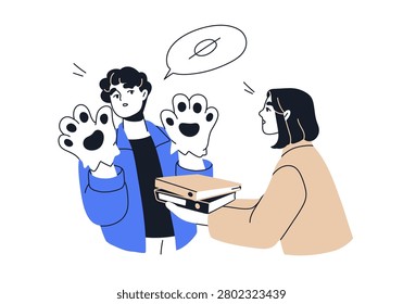 Refusing work. Irresponsible lazy employee rejecting business task, declining assignment from colleague. Office delegation, refusal problem. Flat vector illustration isolated on white background