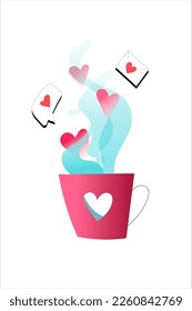 reg coffee mug with hearts vapor. vector valentine greeting card