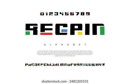 Regain creative geometric modern urban alphabet font. Digital abstract futuristic, fashion, sport, minimal technology typography. Simple numeric vector illustration