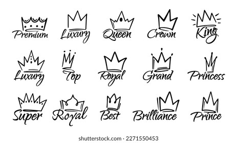 Regal calligraphy crown sign. King, queen, princess and royal luxury emblems with hand drawn crowns. Crowned text vector set. Doodle premium, luxury or top accessory as tiara or diadem