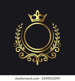 Regal circular emblem with gold crown laurel branches and ornate scrollwork on a black background