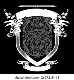 Regal Coat Of Arms Embellished With Ornate Patterns And Banner Scrolls