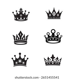 Uma variedade de coroas decorativas representadas em preto e branco imagens de estilo vetorial em um fundo branco .