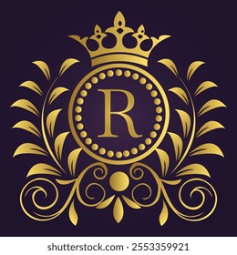 Regal digital illustration featuring a gold letter R with a crown and laurel leaves on a dark purple background 