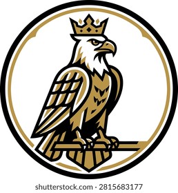 Regal eagle emblem featuring a crowned bird perched on a branch in a circular design