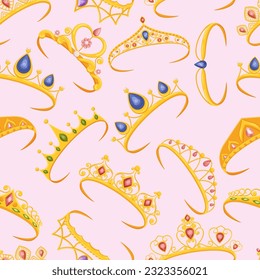 Regal And Elegant Seamless Pattern Adorned With Royal Tiaras, Exuding A Sense Of Luxury And Sophistication. Perfect For Adding A Touch Of Royalty To Any Design Project. Cartoon Vector Illustration